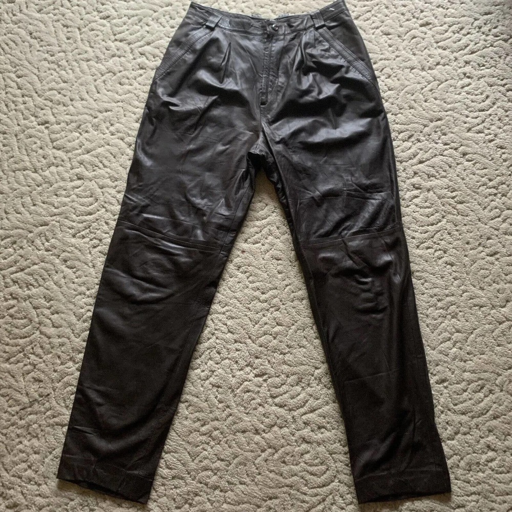 Vintage 100% Leather Pants Straight Leg Pleated European Size 48 Dark Brown Soft